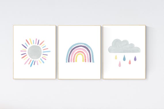 Nursery decor rainbow, neutral Rainbow Wall Art, rainbow Print Set, Cloud Rainbow Sun, Rainbow Wall Art, gender neutral, Watercolor Rainbow