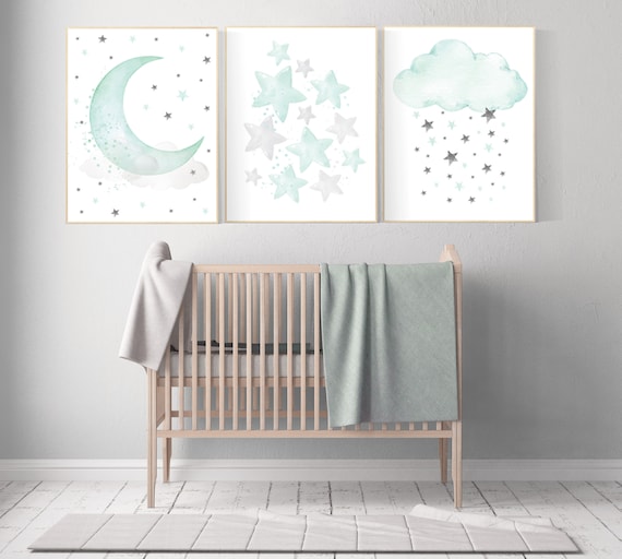 Mint nursery decor, nursery decor stars, gender neutral nursery, moon and stars nursery, mint green nursery, cloud nursery, star nursery art