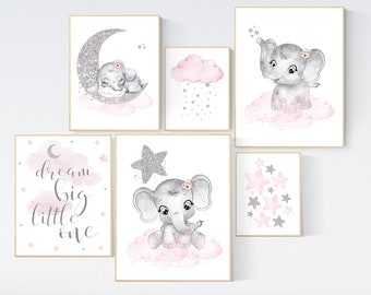 Nursery wall art girl, pink and silver, elephant nursery prints, nursery wall art girl, baby girl elephant nursery decor, girl nursery decor