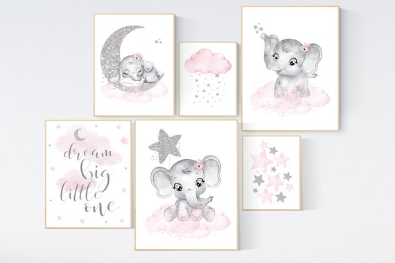 Nursery wall art girl, pink and silver, elephant nursery prints, nursery wall art girl, baby girl elephant nursery decor, girl nursery decor