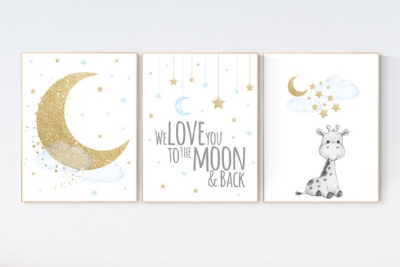 Nursery decor boy giraffe, blue and gold nursery, we love you to the moon and back, blue nursery wall art, cloud and stars, baby room decor