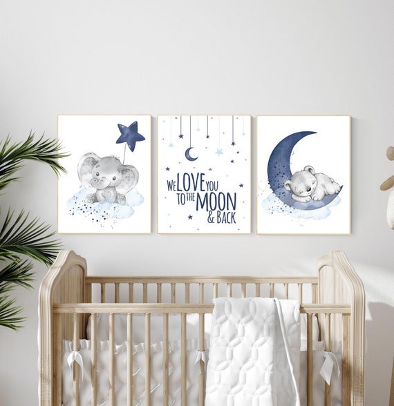 Nursery wall art animals, navy blue, baby room decor, elephant nursery, bear nursery, animal prints, we love you to the moon and back