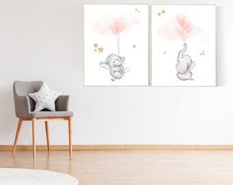 Blush Pink Elephant Nursery Decor: Peach & Gold Balloon Print