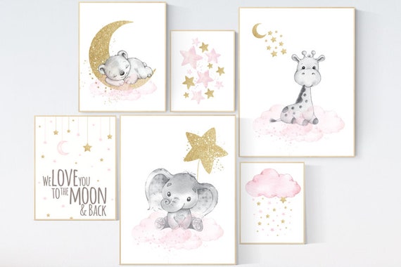 Nursery wall art girl, giraffe nursery, baby room decor girl gold and pink, we love you to the moon and back, moon and stars, elephant