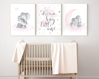 Elephant Nursery Prints, Pink Baby Room Decor