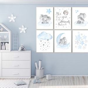 Nursery decor boy elephant, we love you to the moon and back, Blue and gray, moon and stars. nursery wall art boy elephant, baby blue, stars