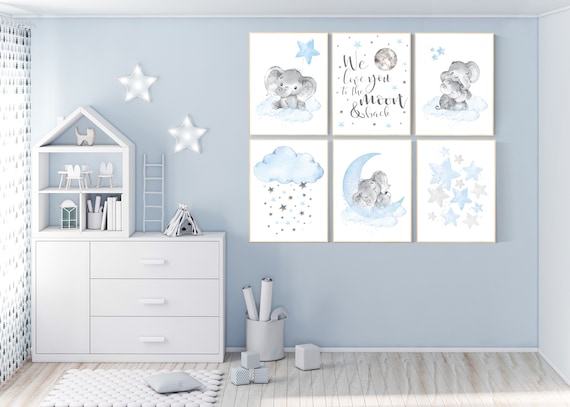 Nursery decor boy elephant, we love you to the moon and back, Blue and gray, moon and stars. nursery wall art boy elephant, baby blue, stars