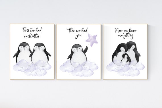 Penguin nursery, cloud and stars, purple nursery art. baby room wall art, nursery wall art penguin, lilac, lavender, nursery wall art