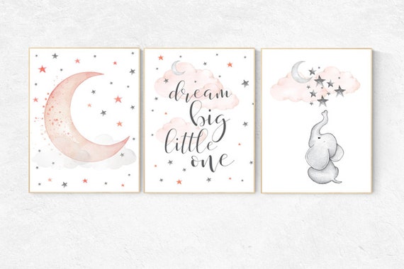 Nursery decor girl coral, nursery decor elephant, dream big little one, cloud and stars, moon and stars nursery, coral and gray nursery