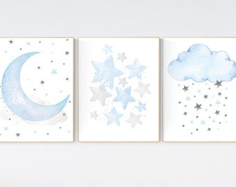 Blue nursery decor, cloud and stars, moon and stars, blue nursery art. baby room wall art, boy nursery decor, set of 3, nursery art