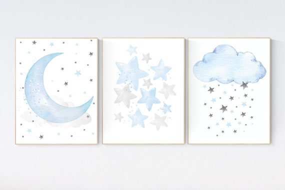 Blue nursery decor, cloud and stars, moon and stars, blue nursery art. baby room wall art, boy nursery decor, set of 3, nursery art