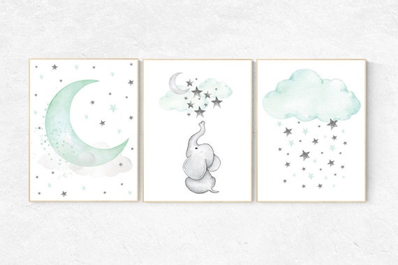 Nursery decor elephant, Mint nursery decor, dream big little one, gender neutral nursery, cloud and star nursery, elephant nursery prints