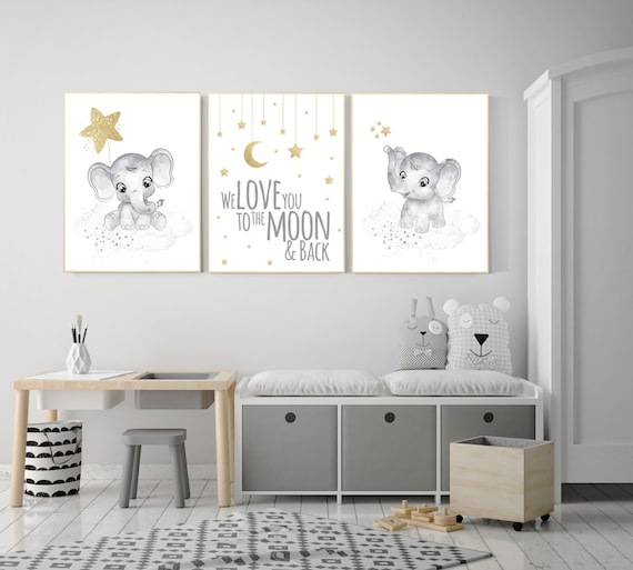 Gender neutral nursery wall decor, grey gold nursery, gray gold, elephant nursery, we love you to the moon and back, moon and stars