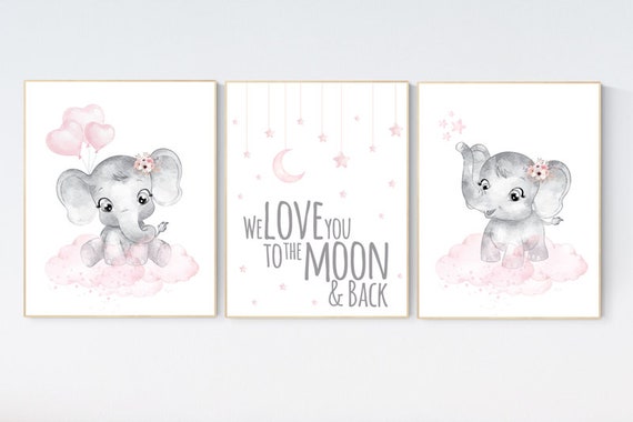 Elephant nursery, nursery wall art elephant, nursery decor girl, we love you to the moon and back, baby room, girl nursery decor, elephants