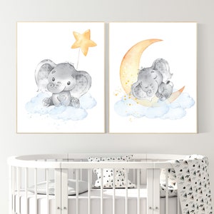 Nursery decor neutral, nursery wall art elephant, moon and stars, gender neutral, baby room decor, elephant balloon, elephant nursery