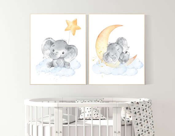 Nursery decor neutral, nursery wall art elephant, moon and stars, gender neutral, baby room decor, elephant balloon, elephant nursery