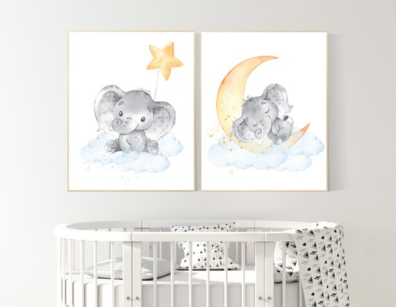 Nursery decor neutral, nursery wall art elephant, moon and stars, gender neutral, baby room decor, elephant balloon, elephant nursery