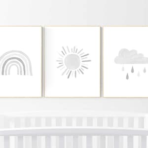 Láminas infantiles grises: arcoíris, sol y nubes