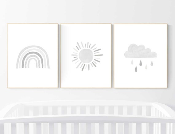 Nursery prints rainbow, Nursery decor gender neutral, nursery wall art neutral, gray nursery, moon star, cloud, nursery art, grey nursery