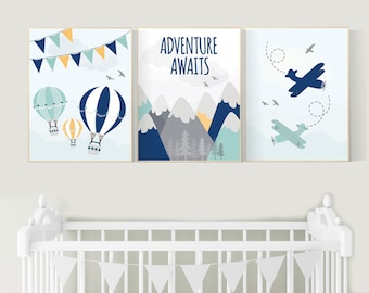 Adventure nursery decor, travel adventure nursery, nursery wall art boy, nursery prints boy mountain, airplane, world map, adventure awaits