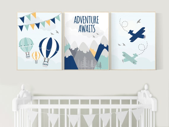 Adventure nursery decor, travel adventure nursery, nursery wall art boy, nursery prints boy mountain, airplane, world map, adventure awaits