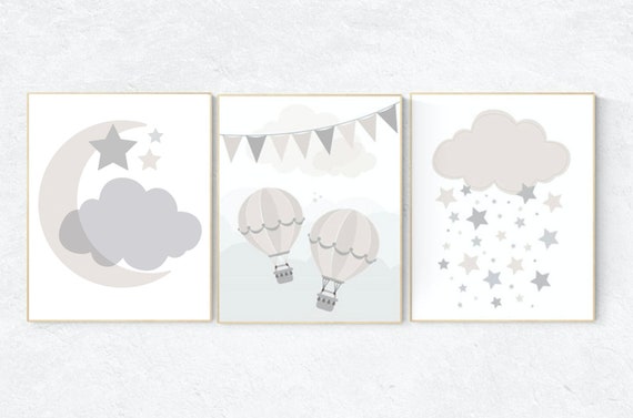 Gender neutral nursery, Cloud nursery, beige and cream, hot air balloon, Nursery Decor, Gray Beige, gender neutral nursery, gray nursery