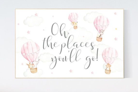 Hot air balloon nursery, Nursery decor girl, pink nursery, oh the places you'll go, nursery decor girl, animal nursery, woodland animals