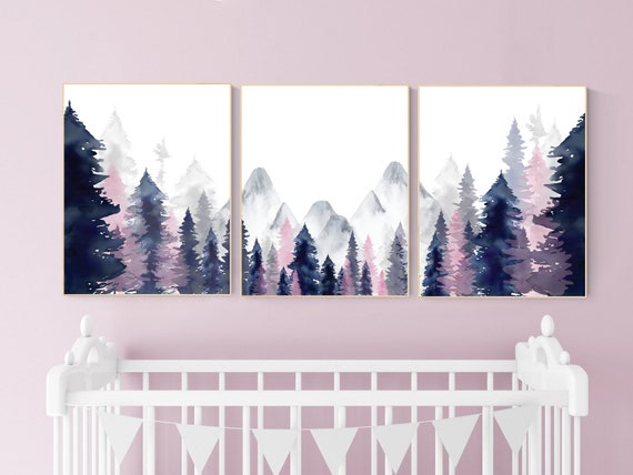 Nursery decor woodland, mountain wall art, tree nursery decor, adventure theme nursery, forest, navy and pink, woodland animals, navy pink