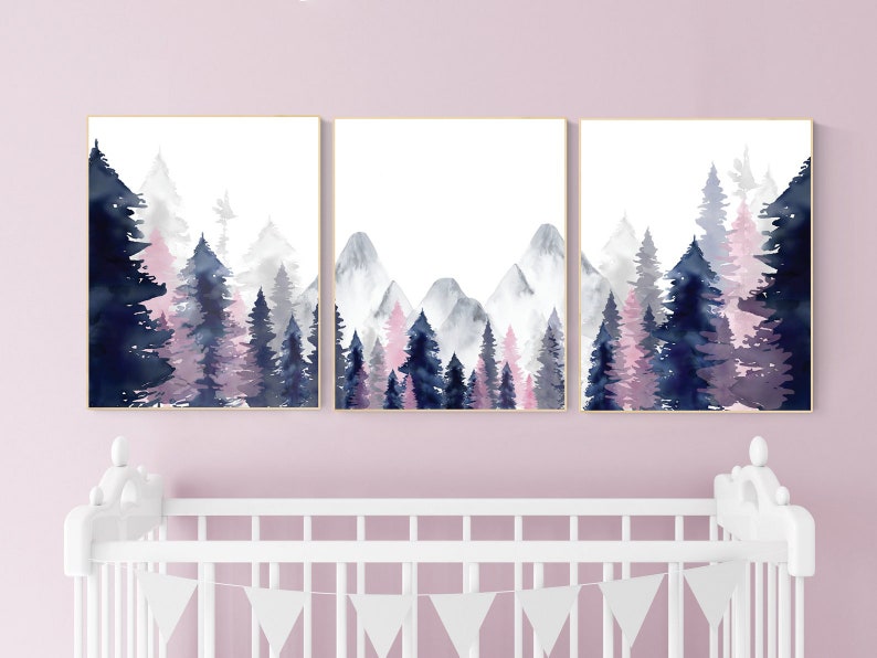 Nursery Decor Woodland Mountain Wall Art Tree Nursery Decor Etsy