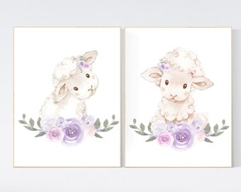 Sheep nursery decor, Nursery decor girl, purple and pink, nursery decor lambs, nursery wall art sheep, flower nursery wall art nursery