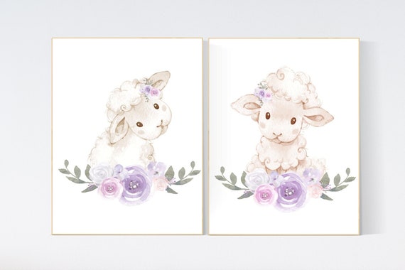 Sheep nursery decor, Nursery decor girl, purple and pink, nursery decor lambs, nursery wall art sheep, flower nursery wall art nursery