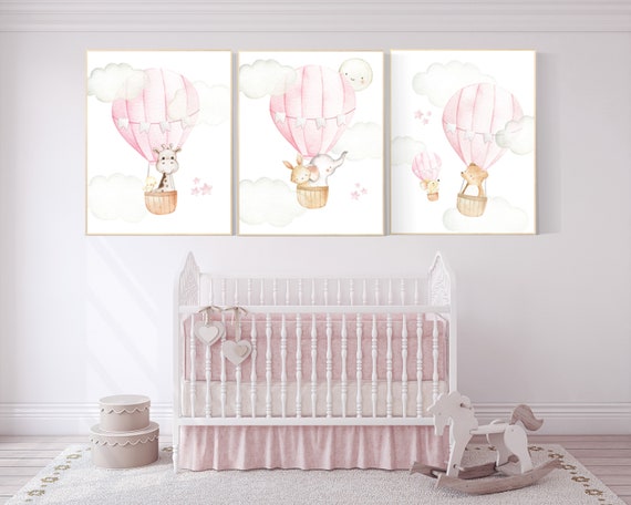 Hot air balloon nursery, nursery decor, woodland animals, pink nursery decor, elephant, bunny, giraffe, baby bear, pink nursery print