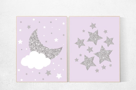 Lilac nursery decor, nursery decor girl purple, lavender nursery art, lilac silver, stars nursery, cloud and stars nursery, set of 2