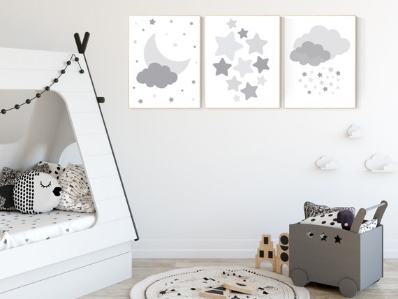 Nursery decor neutral, Nursery wall art grey, gray nursery, baby room decor gender neutral, moon and stars, grey nursery decor baby room art