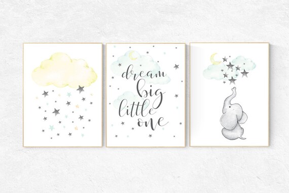 Mint and yellow nursery, nursery decor elephant, cloud and star, dream big, teal and yellow, nursery decor boy teal, gender neutral nursery