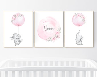 Elephant Nursery Prints: Pink Floral Balloon Decor