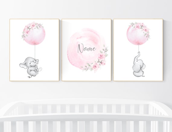 Nursery prints girl, elephant nursery, pink nursery, floral nursery, girl nursery decor flower, name, balloon nursery, baby girl room decor