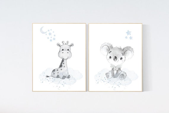 Nursery decor boy koala and giraffe, Animal nursery for boys, blue gray, baby room wall art, nursery wall art animals, boys room prints