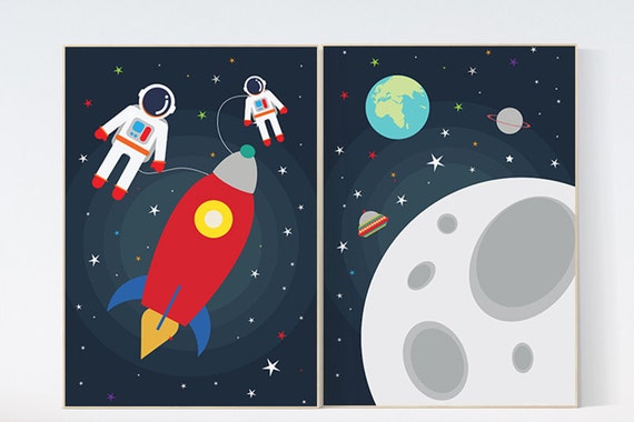 Kids room decor, rocket ship, Outer Space Room Art, Space nursery decor, boys room decor, Space Decor, space nursery art, playroom decor