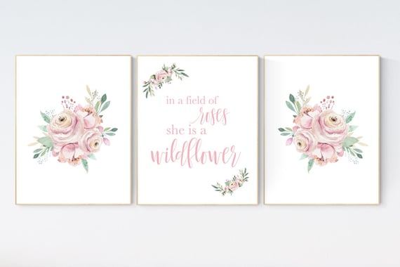 In a field of roses she is a wildflower, Nursery decor girl blush, nursery decor girl floral, flower nursery wall art, floral prints