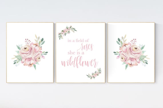 In a field of roses she is a wildflower - Blush Nursery Wall Art Print