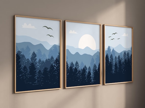 Nursery decor woodland, mountain wall art, blue nursery, tree nursery decor, adventure theme nursery, forest nursery, home decor