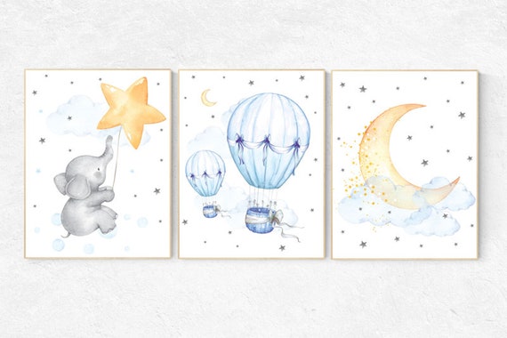 Nursery decor neutral, nursery wall art elephant, hot air balloon, cloud nursery decor, star and moon nursery wall art, gender neutral