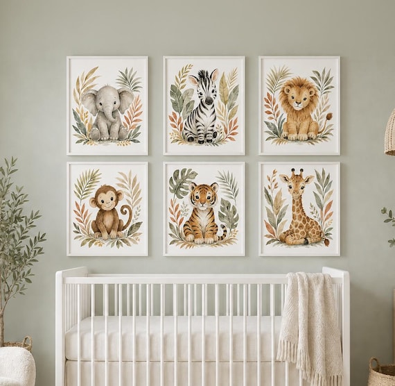 Safari Nursery Wall Art Set, Watercolor Jungle Animals, Boho Baby Room Decor