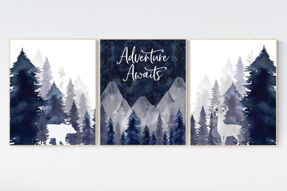 Woodland Nursery Decor, Baby Boy Nursery, Mountain Nursery, Adventure Awaits Print, Nursery decor boy, woodland nursery