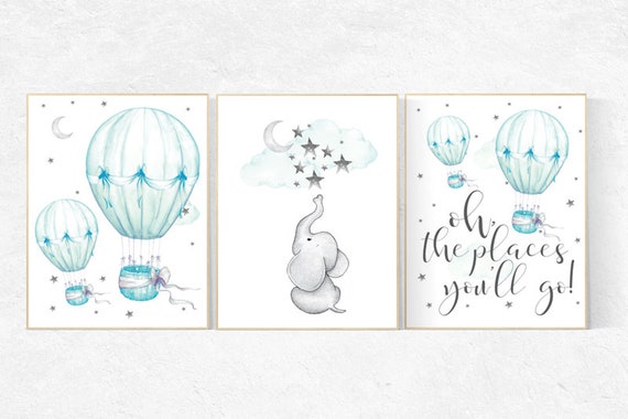 Mint nursery decor, nursery decor elephant, hot air balloon, gender neutral nursery, oh the places you'll go, mint green nursery wall art