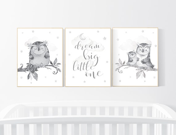 Nursery wall art grey, gray nursery, gender neutral nursery, owl nursery, moon, stars, grey nursery wall decor, baby room art prints