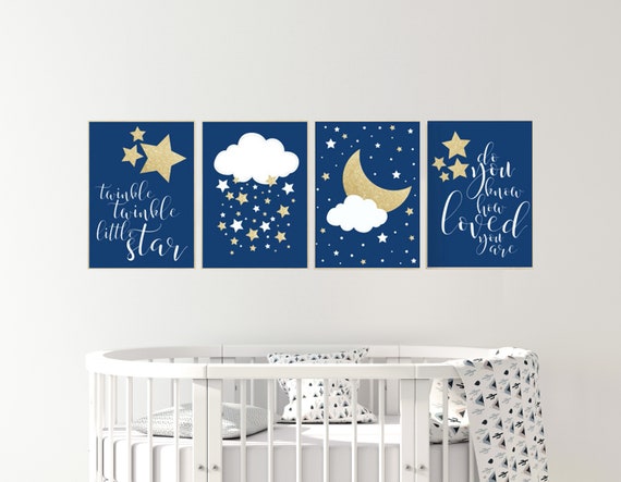 Navy gold nursery, nursery decor boys, twinkle twinkle little star, navy gold, nursery art, moon and stars