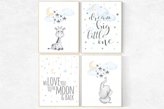 Nursery decor elephant, we love you to the moon and back, dream big little one, gender neutral, nursery wall art, baby room, giraffe nursery