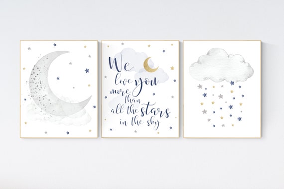 Navy nursery decor, cloud and stars, moon and stars, navy gold nursery art. baby room wall art, boy nursery decor, set of 3, nursery art